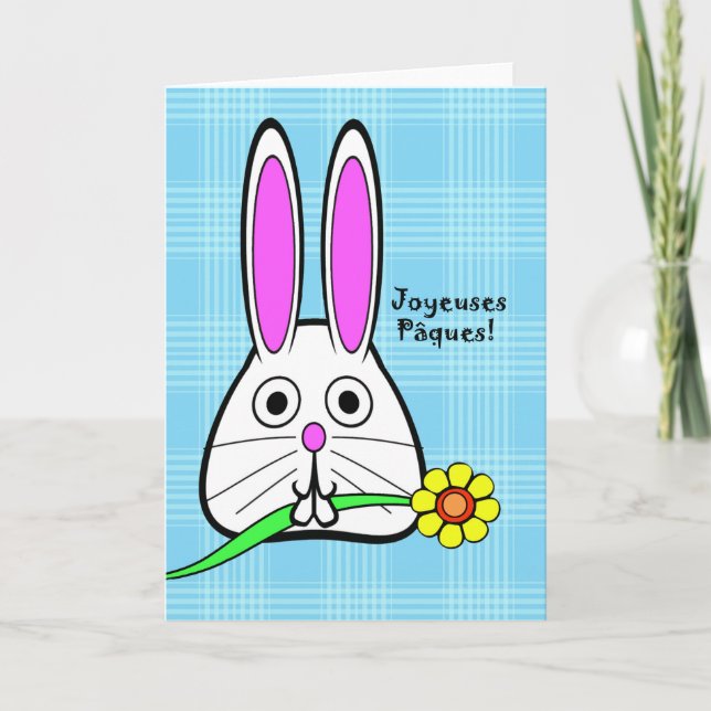 Tarjeta Festiva Pascua en francés, Joyeuses Pâques, conejito lindo (Anverso)