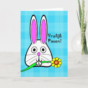 Tarjeta Festiva Pascua en holandés, Vrolijk Pasen, conejito con la