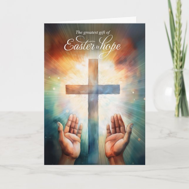 Tarjeta Festiva Pascua es la esperanza, abre las manos a Dios con  (Anverso)