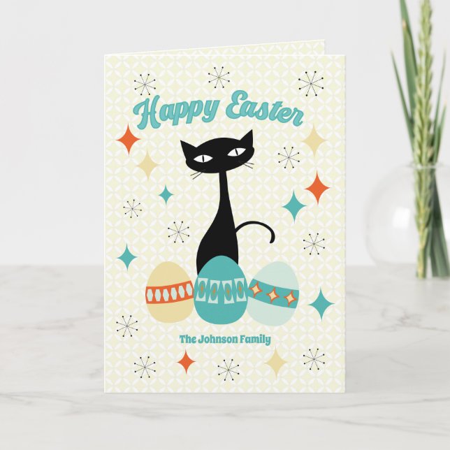 Tarjeta Festiva Pascua feliz, era atómica, gato moderno de mediado (Anverso)