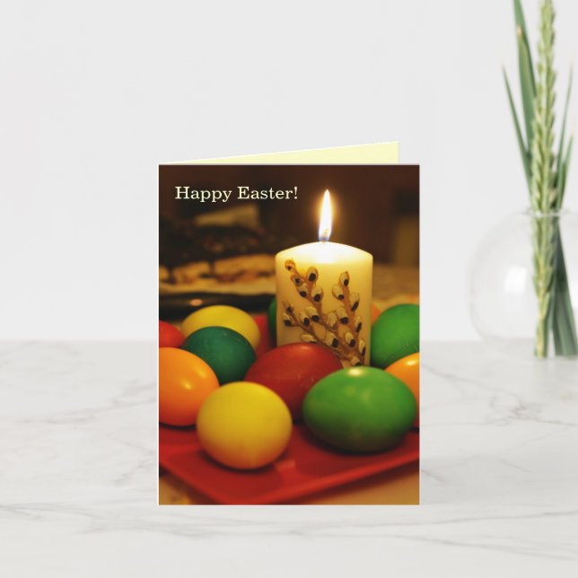 Tarjeta Festiva Pascua feliz (huevos y velas) (Anverso)