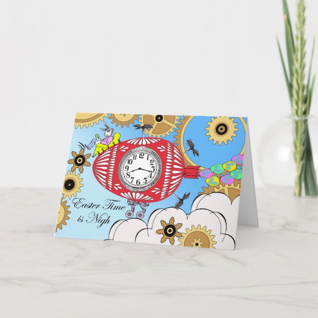 Tarjeta Festiva Pascua feliz, Ilustracion Steampunk, máquina del t (Anverso)