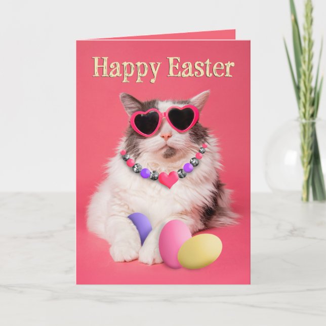 Tarjeta Festiva Pascua Feliz Para Cualquier Gato Glamuroso Con Hue (Anverso)