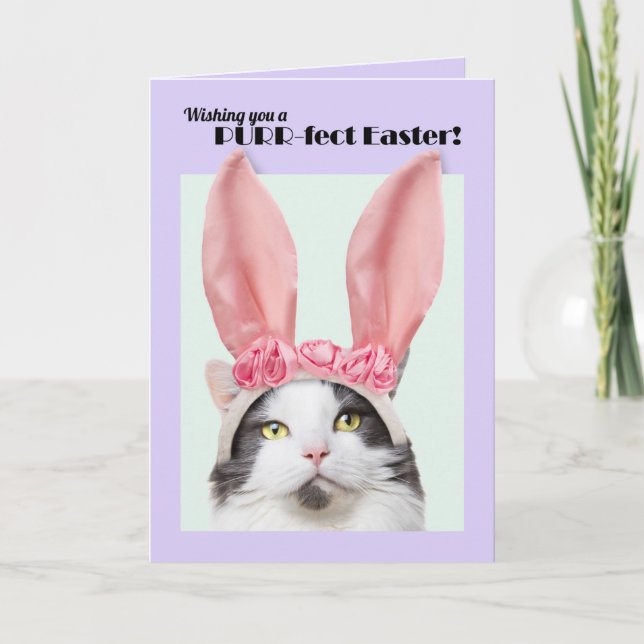 Tarjeta Festiva Pascua feliz para cualquier gato lindo en las orej (Anverso)