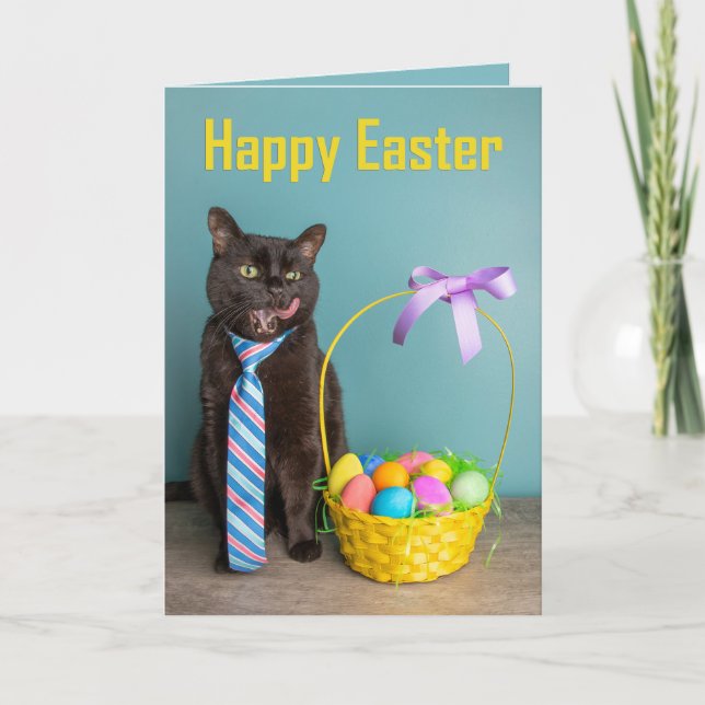 Tarjeta Festiva Pascua feliz para cualquier gato negro empatado co (Anverso)