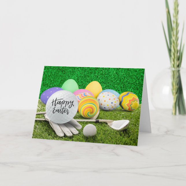 Tarjeta Festiva Pascua feliz para jugar al golf con huevos y golf (Anverso)