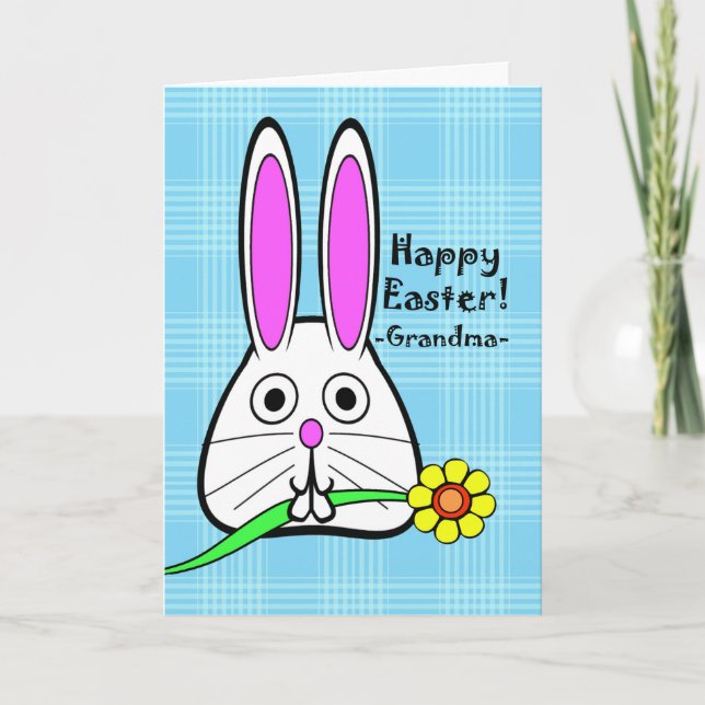 Tarjeta Festiva Pascua feliz para la abuela, conejo lindo con flor (Anverso)