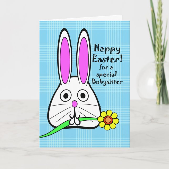 Tarjeta Festiva Pascua feliz para niñera, conejito dulce y flor (Anverso)