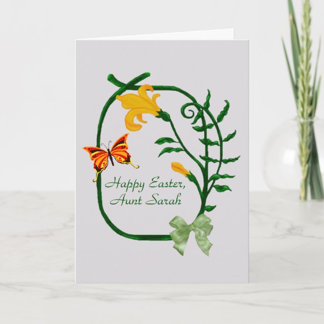 Tarjeta Festiva Pascua feliz, tulipán amarillo y mariposa (Anverso)