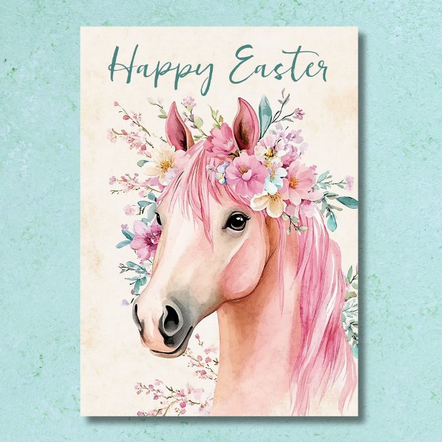 Tarjeta Festiva Pascua floral de caballos de Bonito con espíritu l (Front - Free-Spirited Pretty Horse Floral Easter Holiday Card)
