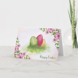 Tarjeta Festiva Pascua - flores y huevos de la acuarela