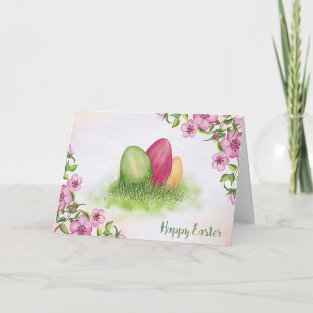 Tarjeta Festiva Pascua - flores y huevos de la acuarela (Anverso)
