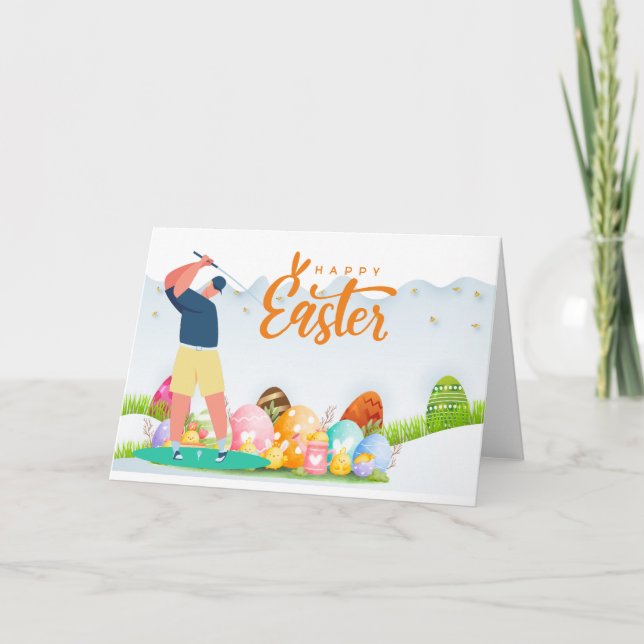 Tarjeta Festiva Pascua GOLF a golf con huevos en campo de golf (Anverso)