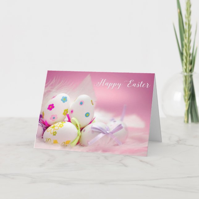 Tarjeta Festiva Pascua - "huevos bonitos en rosa" - personalizar (Anverso)