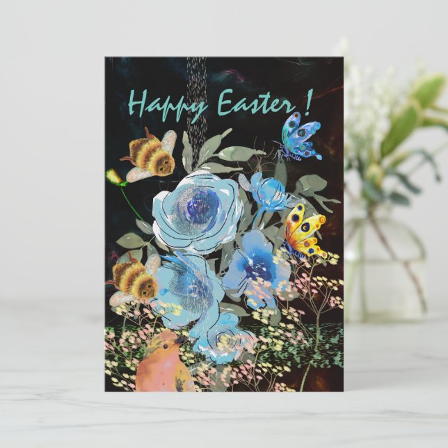 Tarjeta Festiva Pascua negra floral azul con pájaros (Anverso de pie)