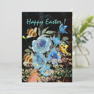 Tarjeta Festiva Pascua negra floral azul con pájaros