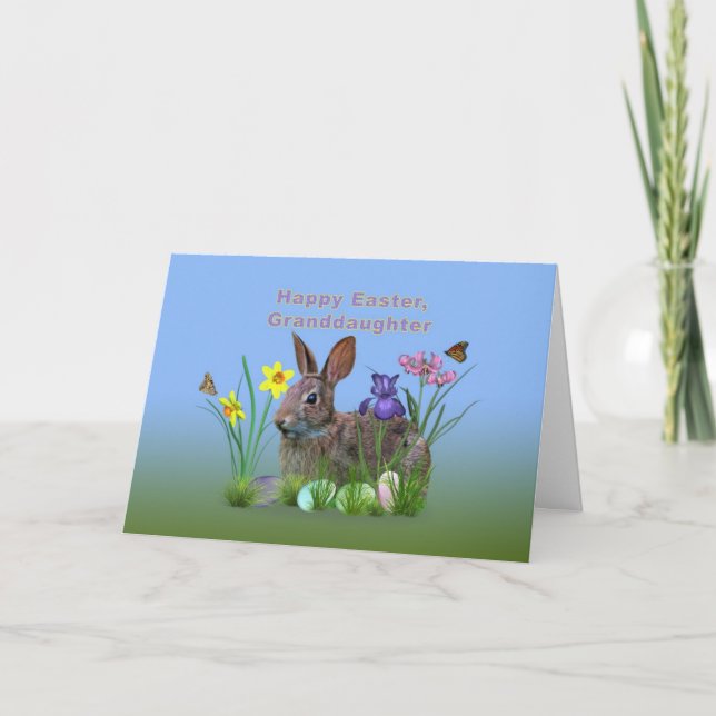 Tarjeta Festiva Pascua, nieta, conejito, huevos, flores (Anverso)