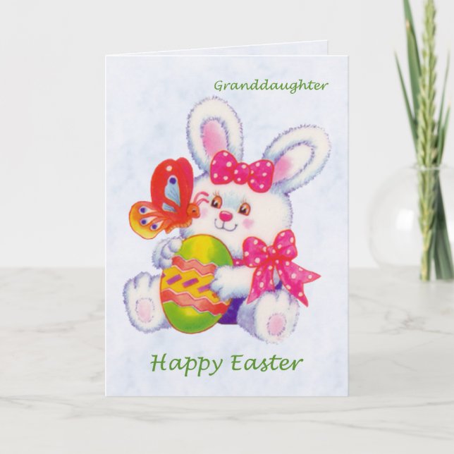 Tarjeta Festiva Pascua. Nieta. Conejito, huevos y mariposa (Anverso)