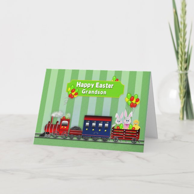 Tarjeta Festiva Pascua - Nieto - Tren/Bunnies/Globos (Anverso)