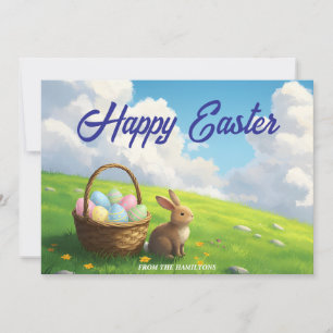 Tarjeta Festiva Pascua pacífica, prado primaveral, conejo y cesta