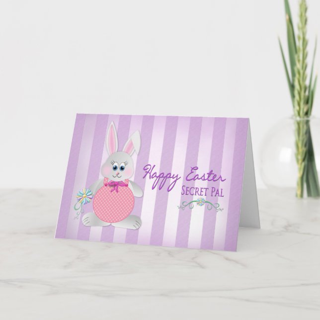 Tarjeta Festiva Pascua - PAL secreto - conejito - rayas púrpuras (Anverso)