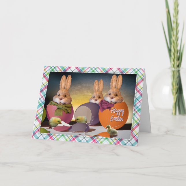 Tarjeta Festiva Pascua - "Pascua feliz" - Conejitos y Modas (Anverso)