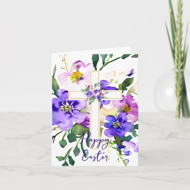 Tarjeta Festiva Pascua personalizado de cruz floral rosa y morado (Anverso)