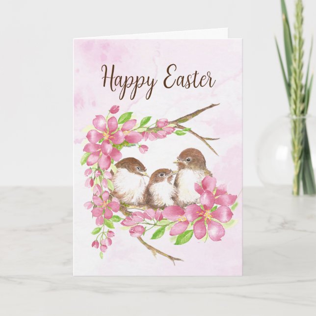 Tarjeta Festiva Pascua, primavera, flores de cerezo, gorriones, pá (Anverso)