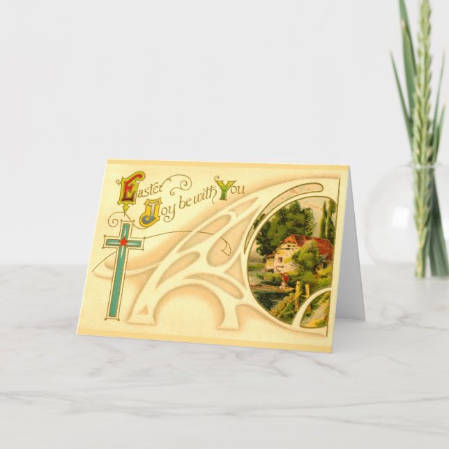 Tarjeta Festiva Pascua religiosa con la cruz y la ilustración (Anverso)