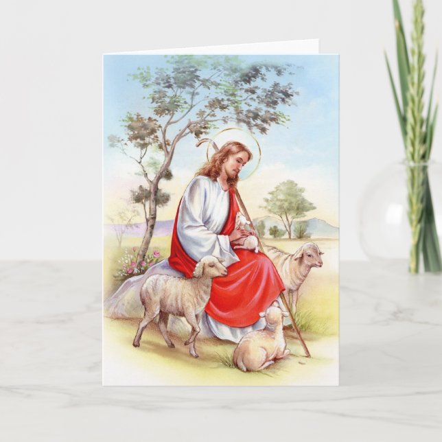 Tarjeta Festiva Pascua religiosa, Jesús el pastor (Anverso)