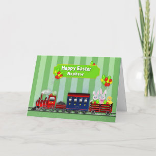 Tarjeta Festiva Pascua - Sobrino - Tren/Bunnies/Globos