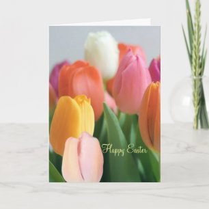 Tarjeta Festiva Pascua. Tulipanes de primavera. Saludos.