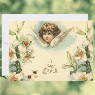 Tarjeta Festiva Pascua vintage, Ángel Victoriano con flores Lily