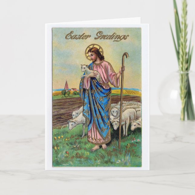 Tarjeta Festiva Pascua Vintage - Cristo Pastor, (Anverso)