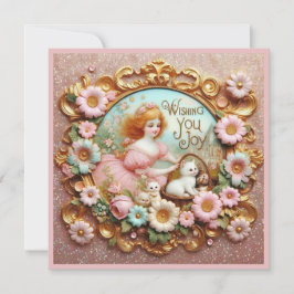 Tarjeta Festiva Pascua Vintage ~ DESEANDO QUE TE ALEGRES ~ Chica l