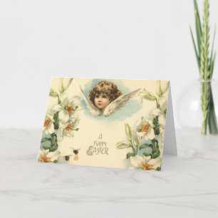 Tarjeta Festiva Pascua vintage, flores de lirio victoriano y ángel