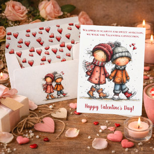 Tarjeta Festiva Paseo de nieve del día de San Valentín – Niños cap