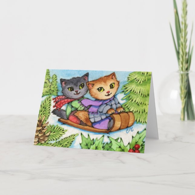Tarjeta Festiva Paseo del trineo largo - gatos lindos del invierno (Anverso)