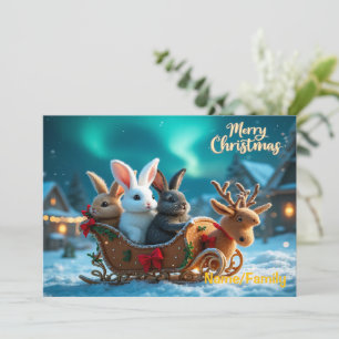 Tarjeta Festiva Paseo en Trineo del Conejo Navideño Caprichoso
