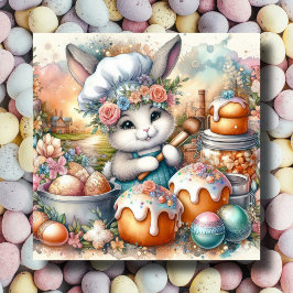 Tarjeta Festiva Pastel Acuarela Chef Bunny Trajes de Pascua