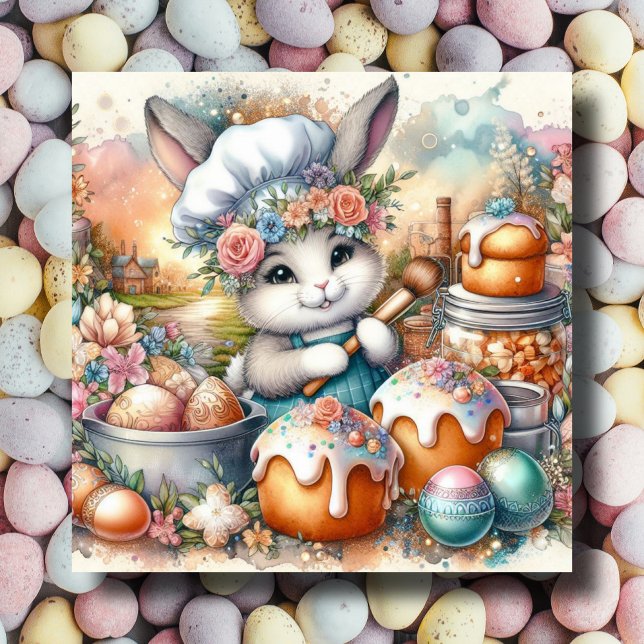 Tarjeta Festiva Pastel Acuarela Chef Bunny Trajes de Pascua (Subido por el creador)