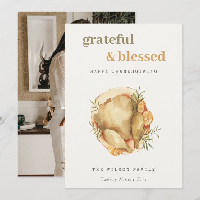 Tarjeta Festiva Pastel acuarela Foto Turca Día de Acción de Gracia (Anverso / Reverso)