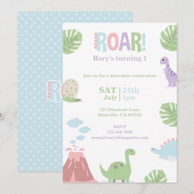 Tarjeta Festiva Pastel Baby Dinosaur Kids Birday Fiesta (Anverso / Reverso)