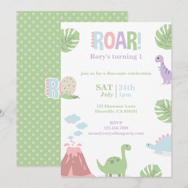 Tarjeta Festiva Pastel Baby Dinosaur Kids Birday Fiesta (Anverso / Reverso)