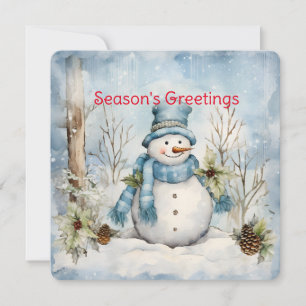 Tarjeta Festiva Pastel Blue Snowman Pine Cones Holly Winter Scene