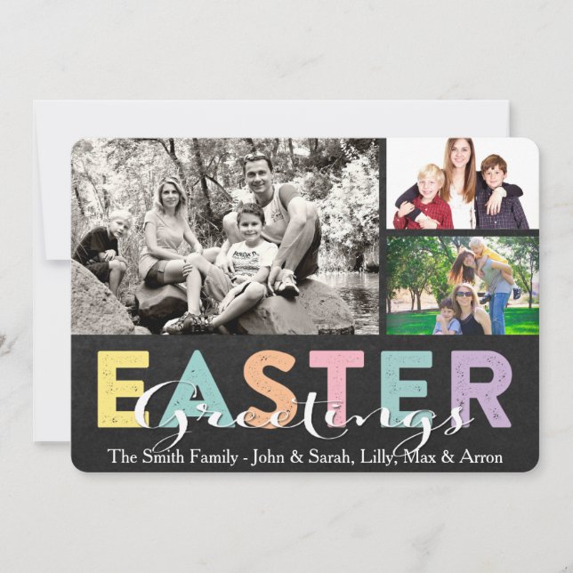 Tarjeta Festiva Pastel Chalk Family Easter Grey Tres Fotos (Anverso)