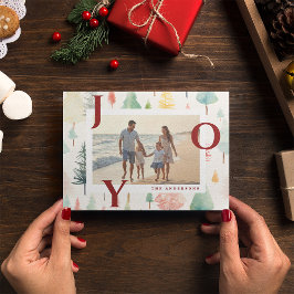 Tarjeta Festiva Pastel Christmas Trees Red Joy Photo Holiday Card
