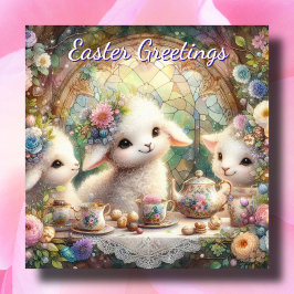 Tarjeta Festiva Pastel Cordero Floral Fiesta Té Niños Cute Pascua