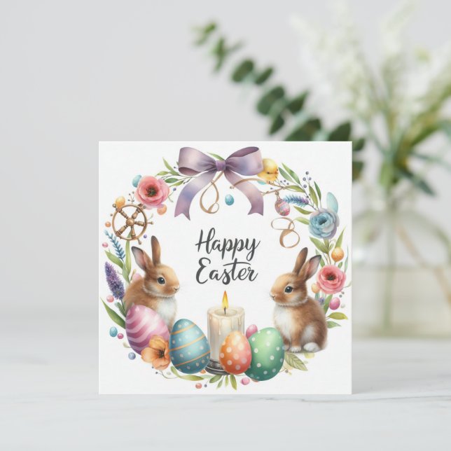 Tarjeta Festiva Pastel Easter Bunny Floral Candle Ilustracion (Anverso de pie)