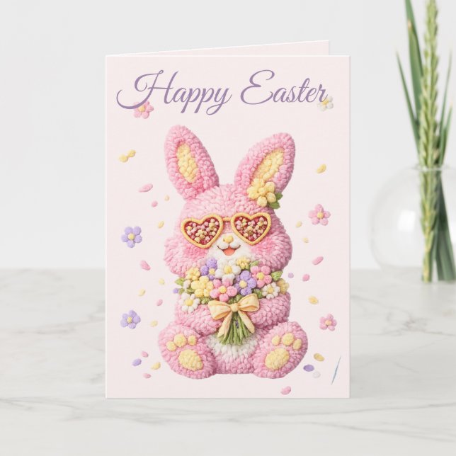 Tarjeta Festiva Pastel Embroidered Bunny Easter personalized Card (Anverso)